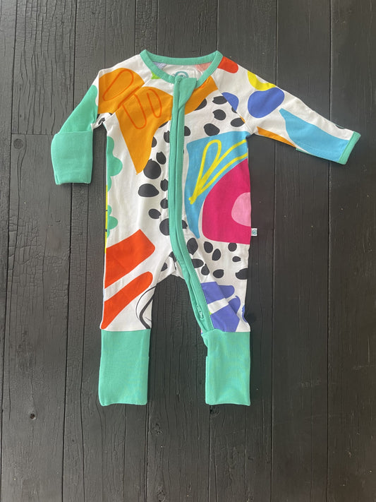 multi coloured long sleeve baby onesie with fold over hand and foot cuffs in unisex design