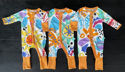 3 x multi coloured long sleeve baby onesie with fold over hand and foot cuffs in unisex design