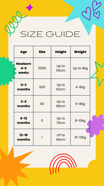 table with the size guide broken down by age, height and weight 